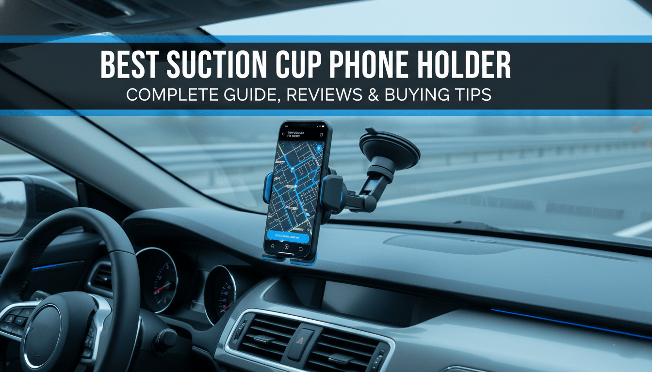 Best suction cup phone holder mounted on car dashboard showing GPS navigation map.