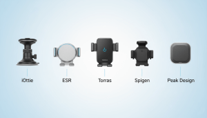 Infographic showing key features like suction power, adjustability, and heat resistance in phone holders.