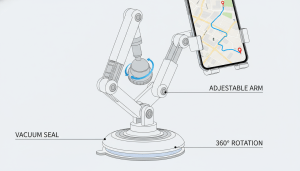 Close-up view of a suction cup phone holder with adjustable arms and vacuum base.