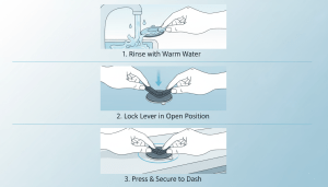 Step-by-step installation of suction cup phone holder on car windshield or dashboard.