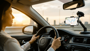 Happy driver using a secure suction cup phone holder while following navigation on screen.