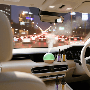 Glowing car diffuser with mist at night.