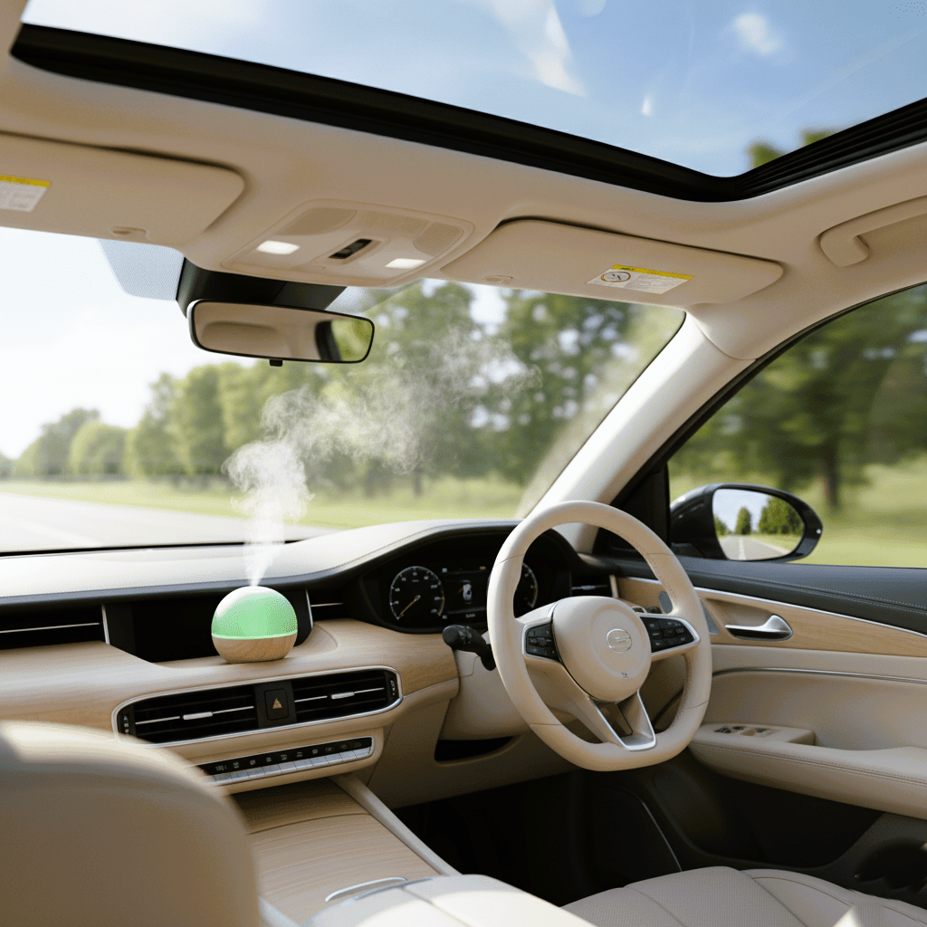 Car diffuser releasing mist on dashboard