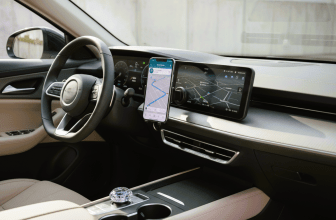 Car phone holder on dashboard with smartphone