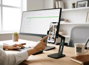 Adjustable desk phone stand with smartphone