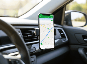 Wireless charging car phone holder in use