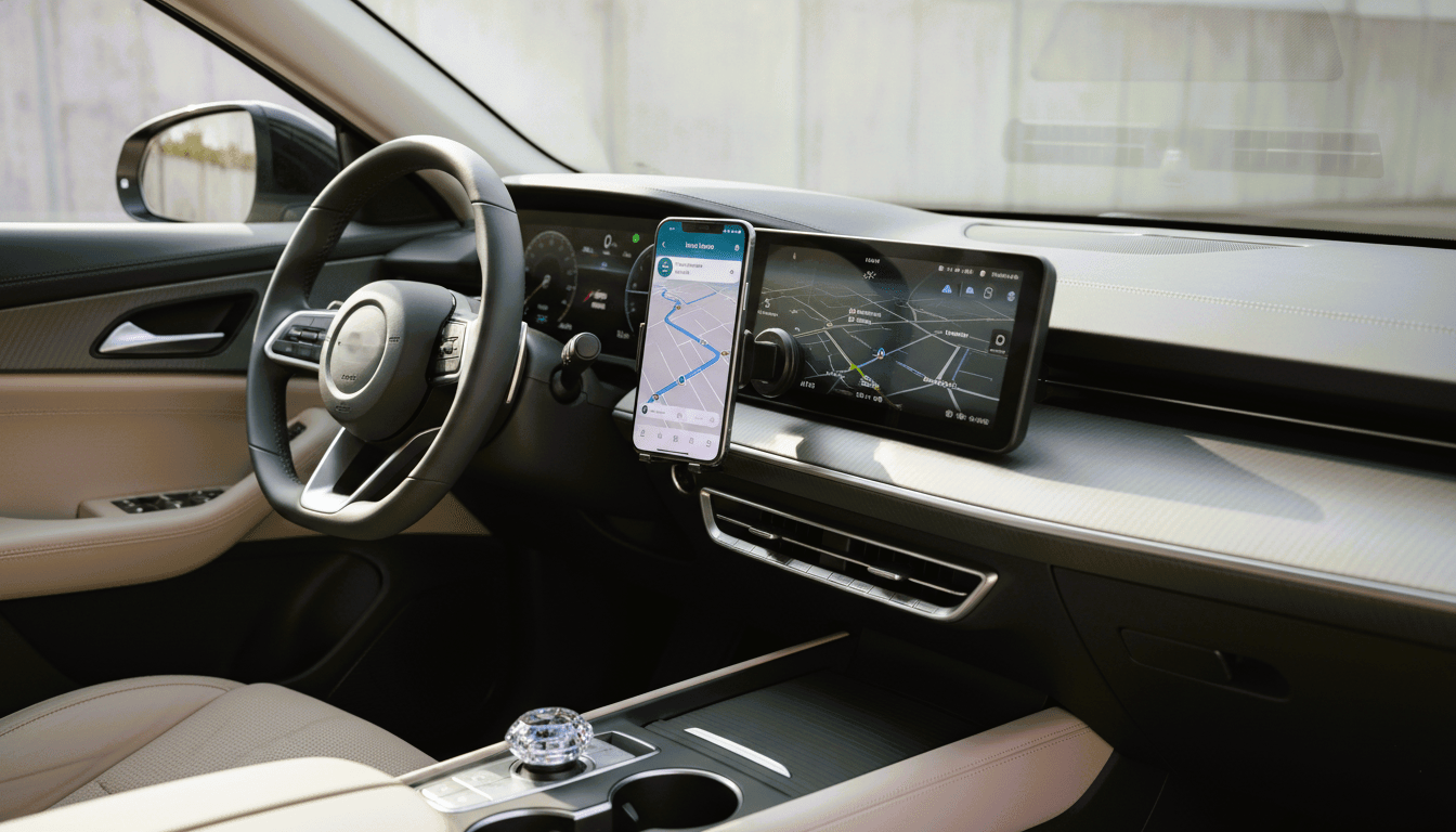 Car phone holder on dashboard with smartphone