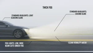 beam pattern of fog lights cutting under fog.