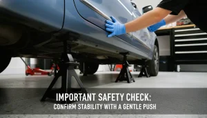 jack stand stability check, lowering car onto jack stands, safe vehicle support