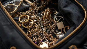 Tangled necklaces and loose earrings inside a travel bag without proper storage