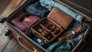 Travel jewelry case packed inside carry-on luggage for flights
