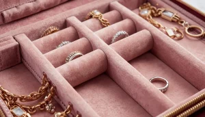 Interior layout of a travel jewelry case with ring rolls and necklace hooks