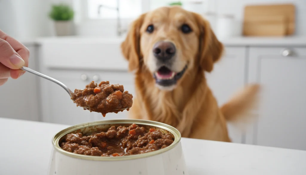 wet dog food, canned dog food, dog food texture, dog meal preparation